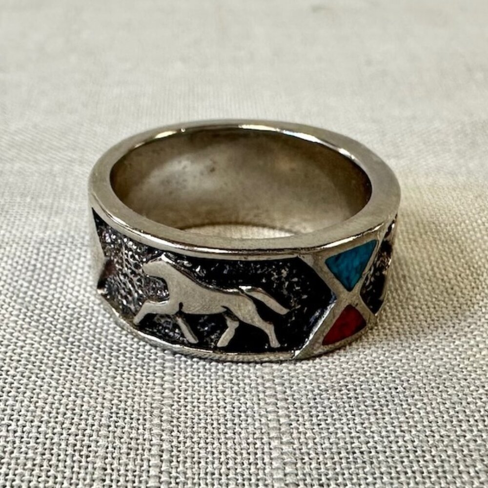 Sterling Silver Horse Accent Ring with Red and Turquoise Inlay - Picture 7 of 10